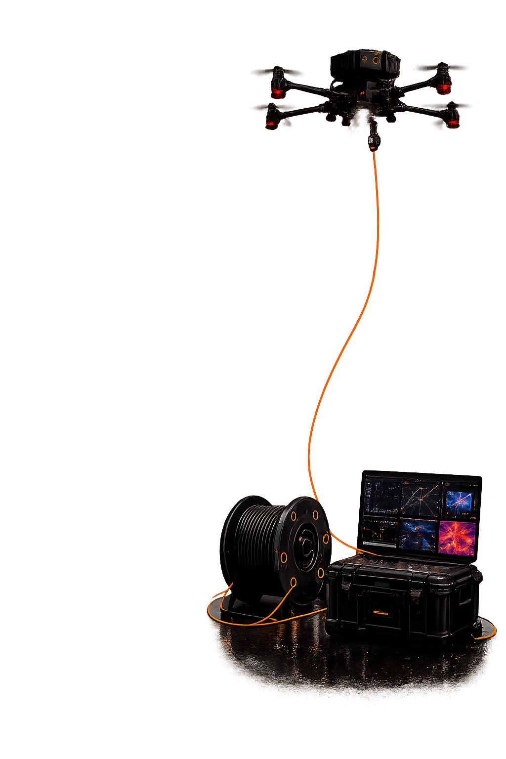 Système drone captif tether : drone, câble, bobine et station sol